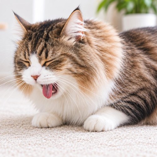 カーペットの上で毛玉を吐こうとしている長毛の猫