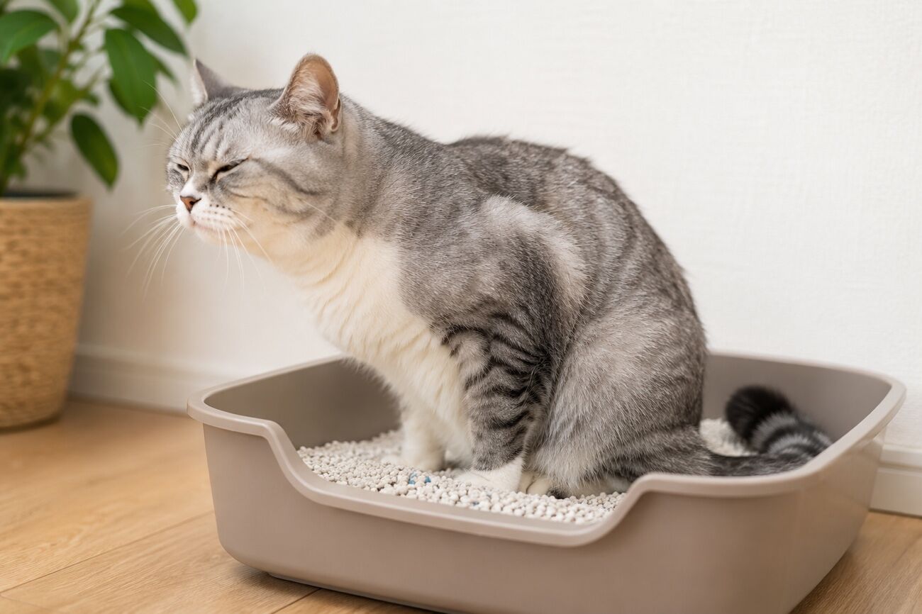 トイレで排便する猫
