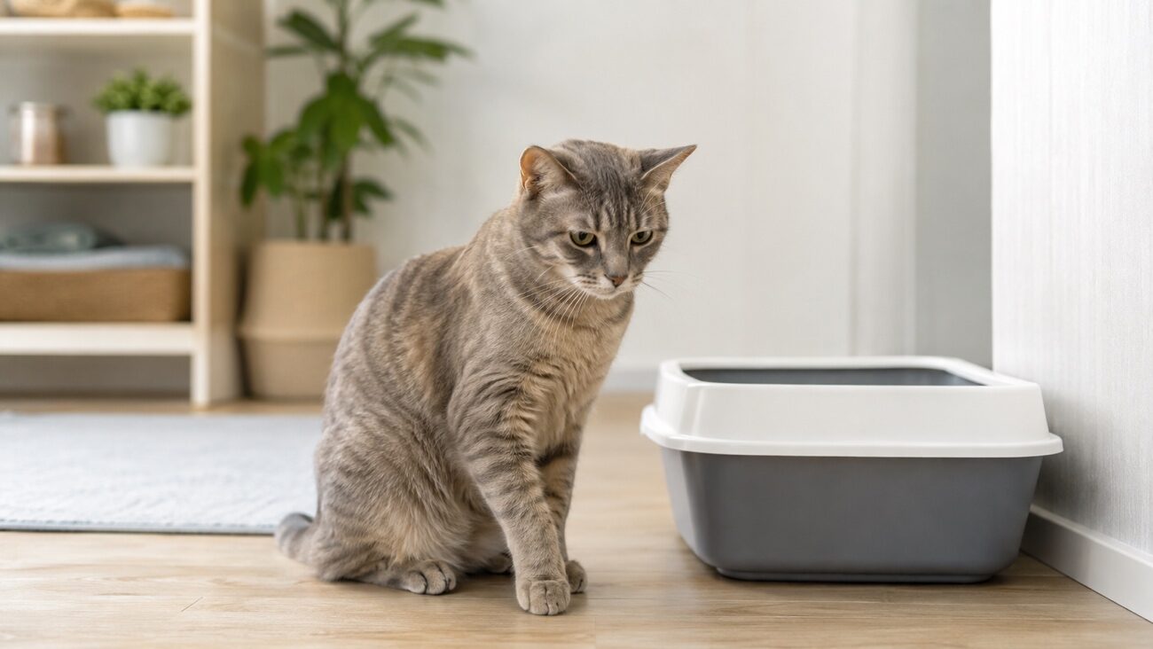 猫用トイレのそばに座る猫 猫用トイレのそばに座る猫