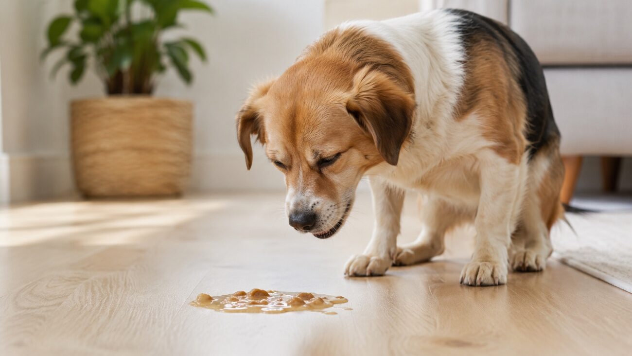 室内で吐いたものを見つめる犬 室内で吐いたものを見つめる犬