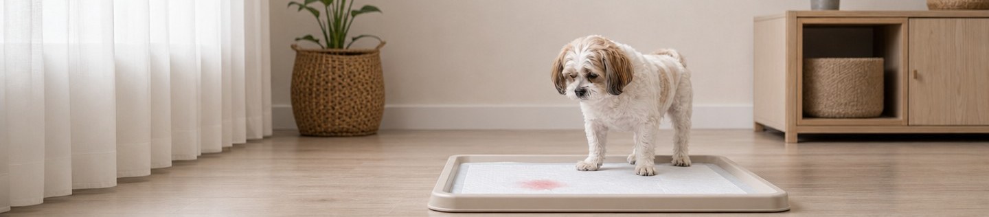血の付いたトイレシートの上に立つ小型犬