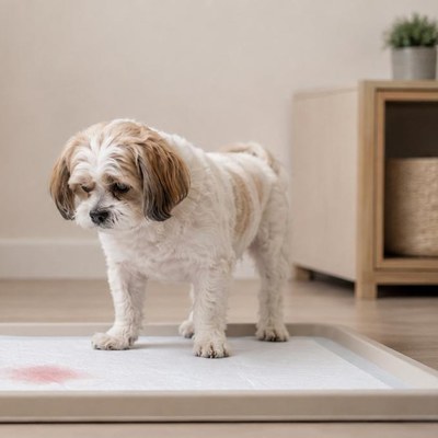 血の付いたトイレシートの上に立つ小型犬