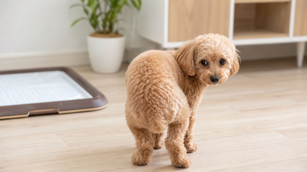 トイレの近くで振り返る犬