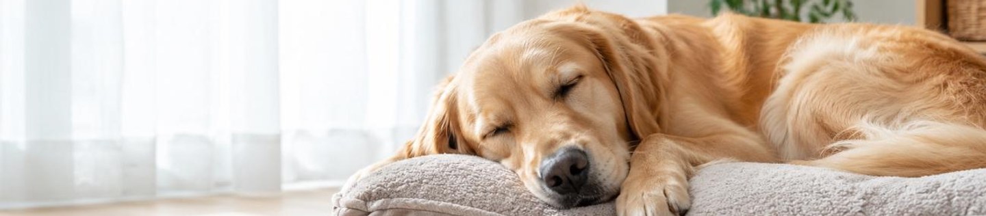 窓際の明るい部屋でふかふかのベッドの上で気持ちよさそうに眠るゴールデンレトリバー