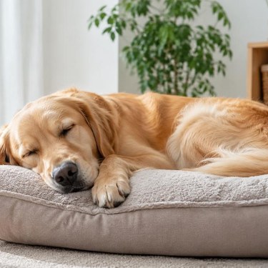 窓際の明るい部屋でふかふかのベッドの上で気持ちよさそうに眠るゴールデンレトリバー