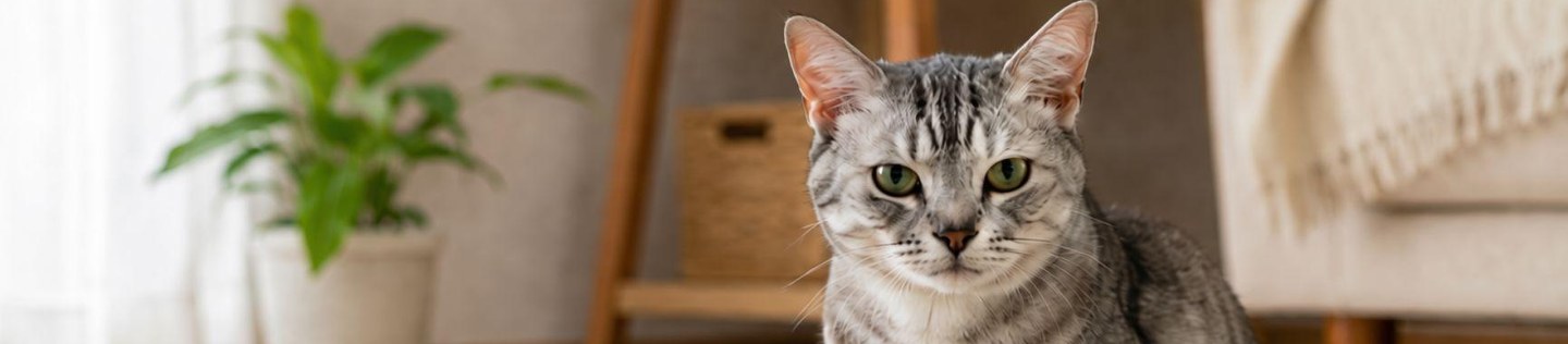 フードボウルのそばに座るシニアのシルバータビー猫