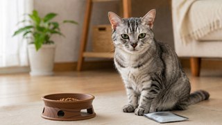 フードボウルのそばに座るシニアのシルバータビー猫