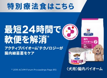 ヒルズの特別療法食「腸内バイオーム」ドッグフードのプロモーションバナー。「アクティブバイオーム+」のロゴとトイプードルが描かれています。